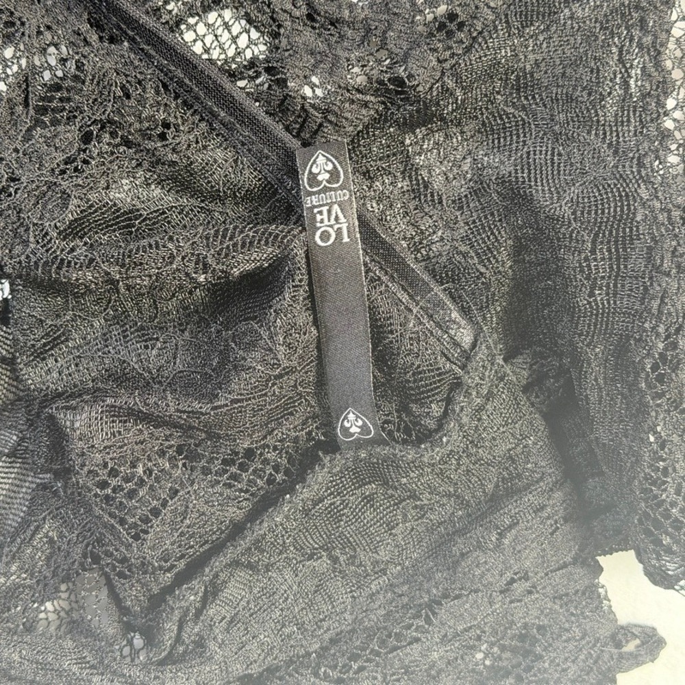 Black Sheer Floral Lace Mock Neck Long Sleeve Blouse Keyhole Mesh Top - Picture 12 of 15